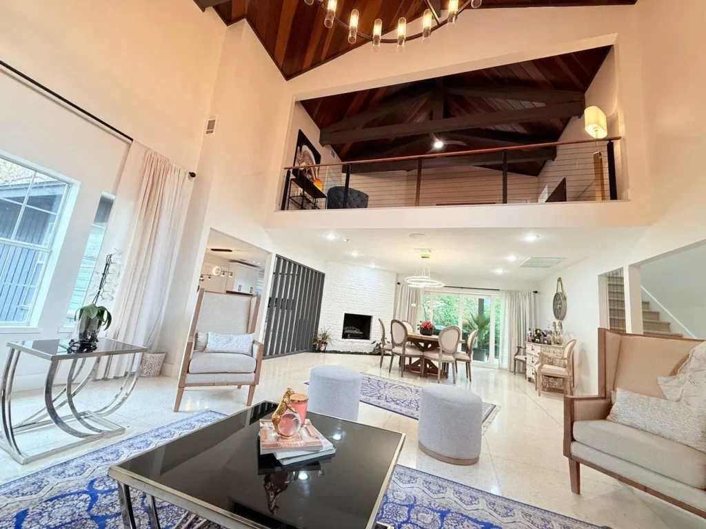 Briar Bayou — Living room with vaulted timber ceiling