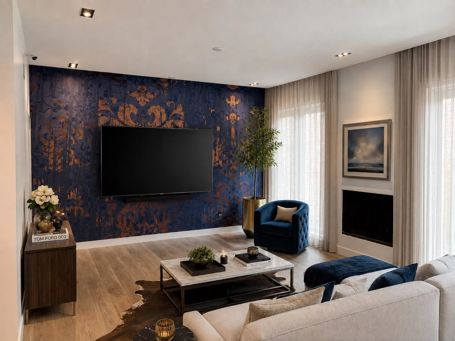 Kimberly Residence — finished living room with blue patterned feature wall and fireplace