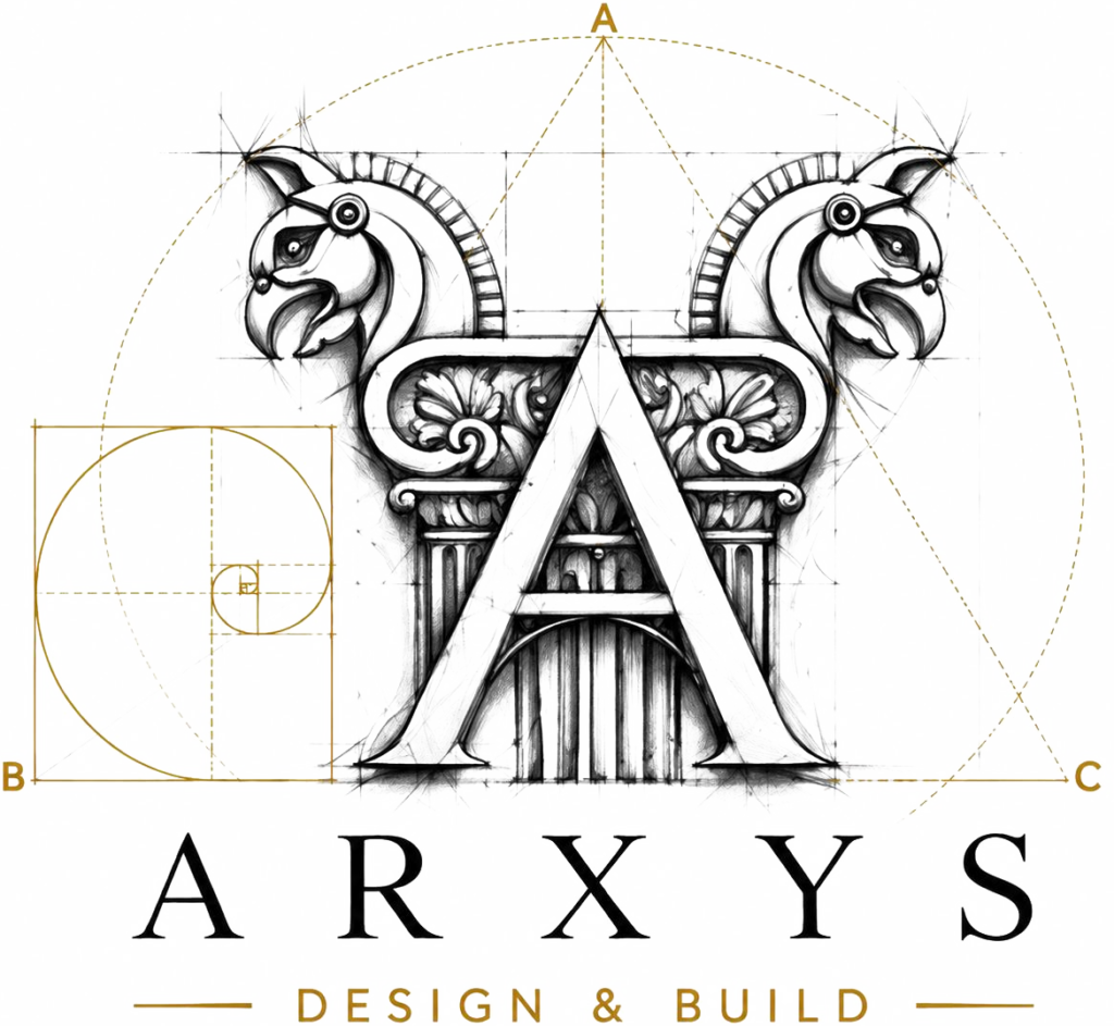 The ARXYS logo — a griffin-flanked column forming the letter A, set within its golden-ratio construction