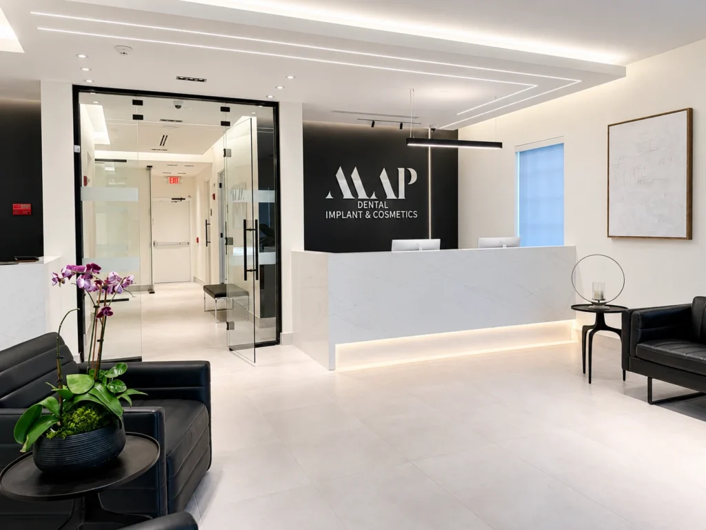 MAP Dental Implant & Cosmetics — reception desk and signage wall