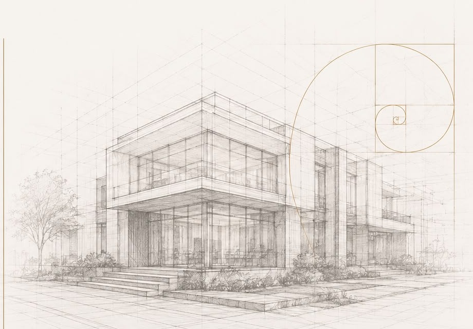Architectural perspective sketch of a modern two-storey building with golden-ratio overlay