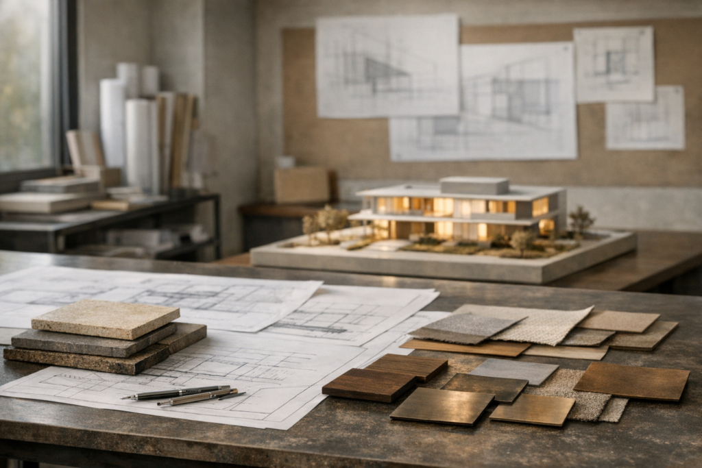 Architectural design studio with drawings and material samples