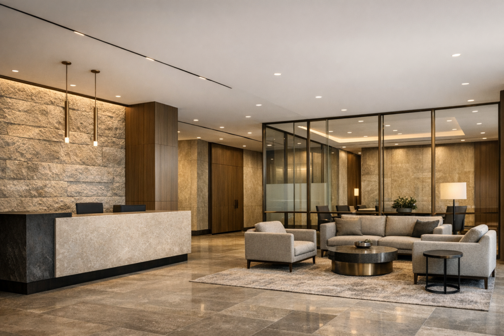 Contemporary commercial lobby with reception and waiting area