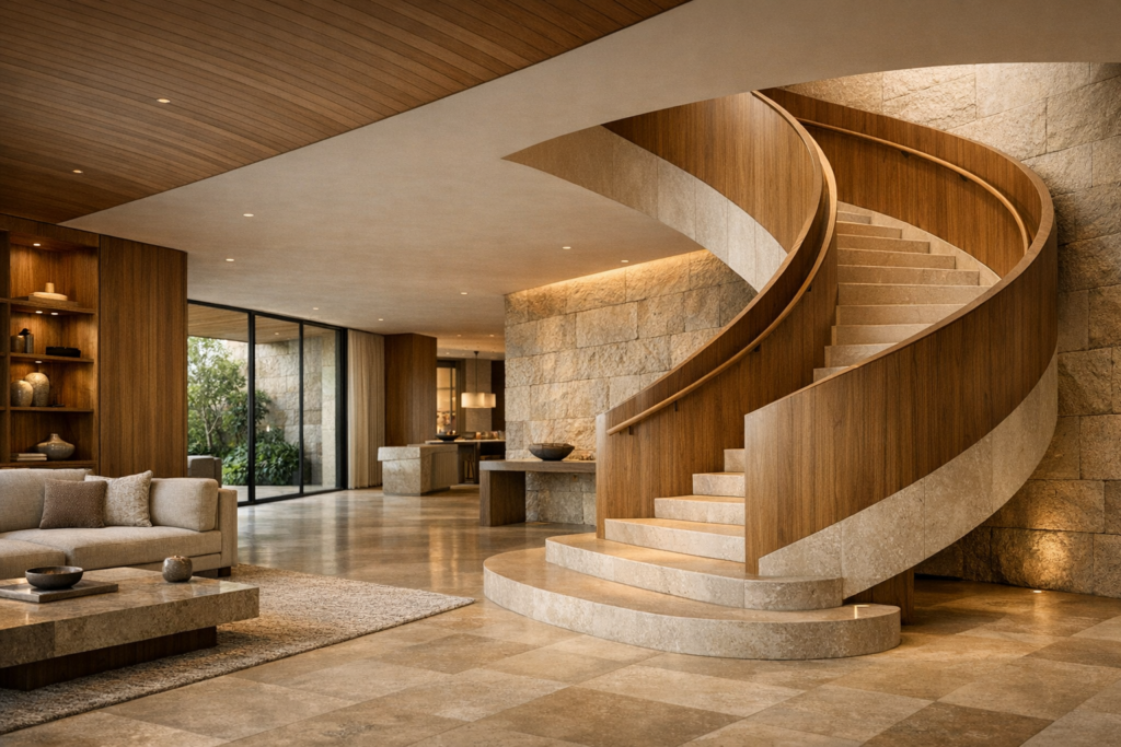 Contemporary interior with sculptural staircase and natural materials