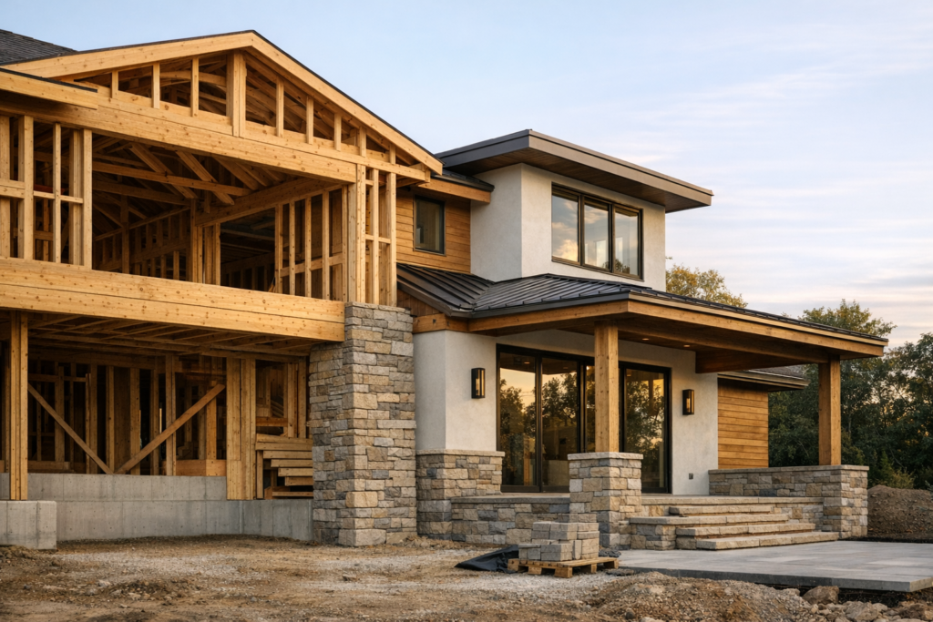 Custom home under construction with finished architectural details