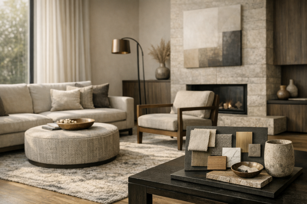 Contemporary interior design living space with material palette