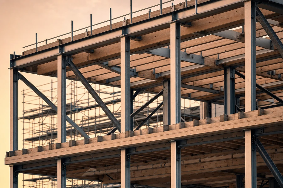 A structural frame under construction at golden hour