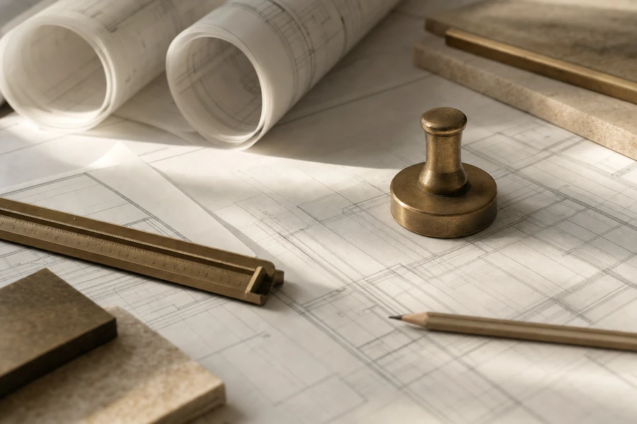 Rolled architectural drawings and an approval stamp on a desk